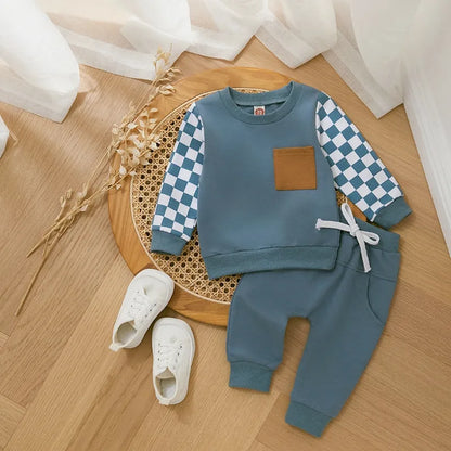 Checkerboard Long Sleeve Sweatshirt and Pants Outfits For 6-36 Months