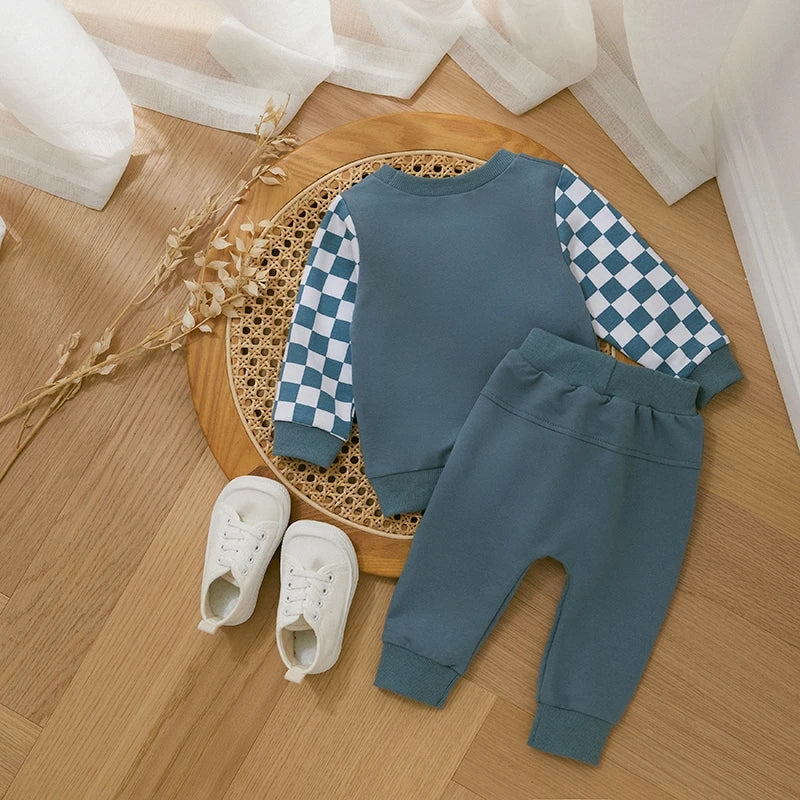 Checkerboard Long Sleeve Sweatshirt and Pants Outfits For 6-36 Months