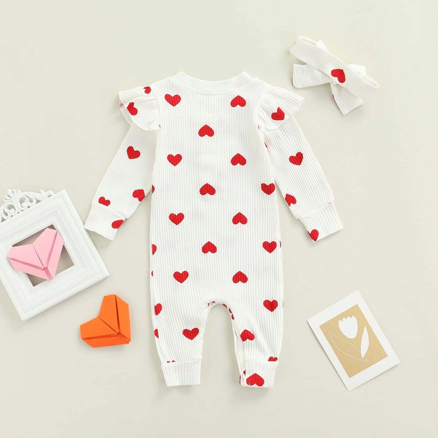 Sweet Heart Print Long Sleeve Crew Neck Romper With Bow For 3-18 Months