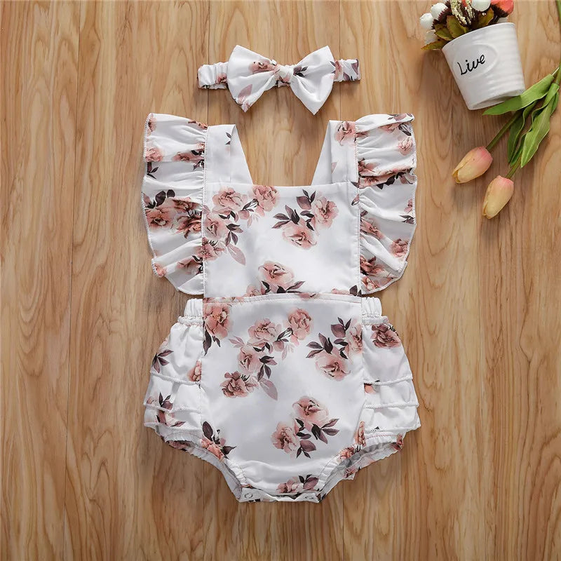 Flower Print Romper & Headband For 6-24 Months