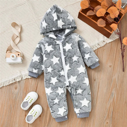 Fleece Star Pattern Zipper Hooded Romper for 0-18 Months