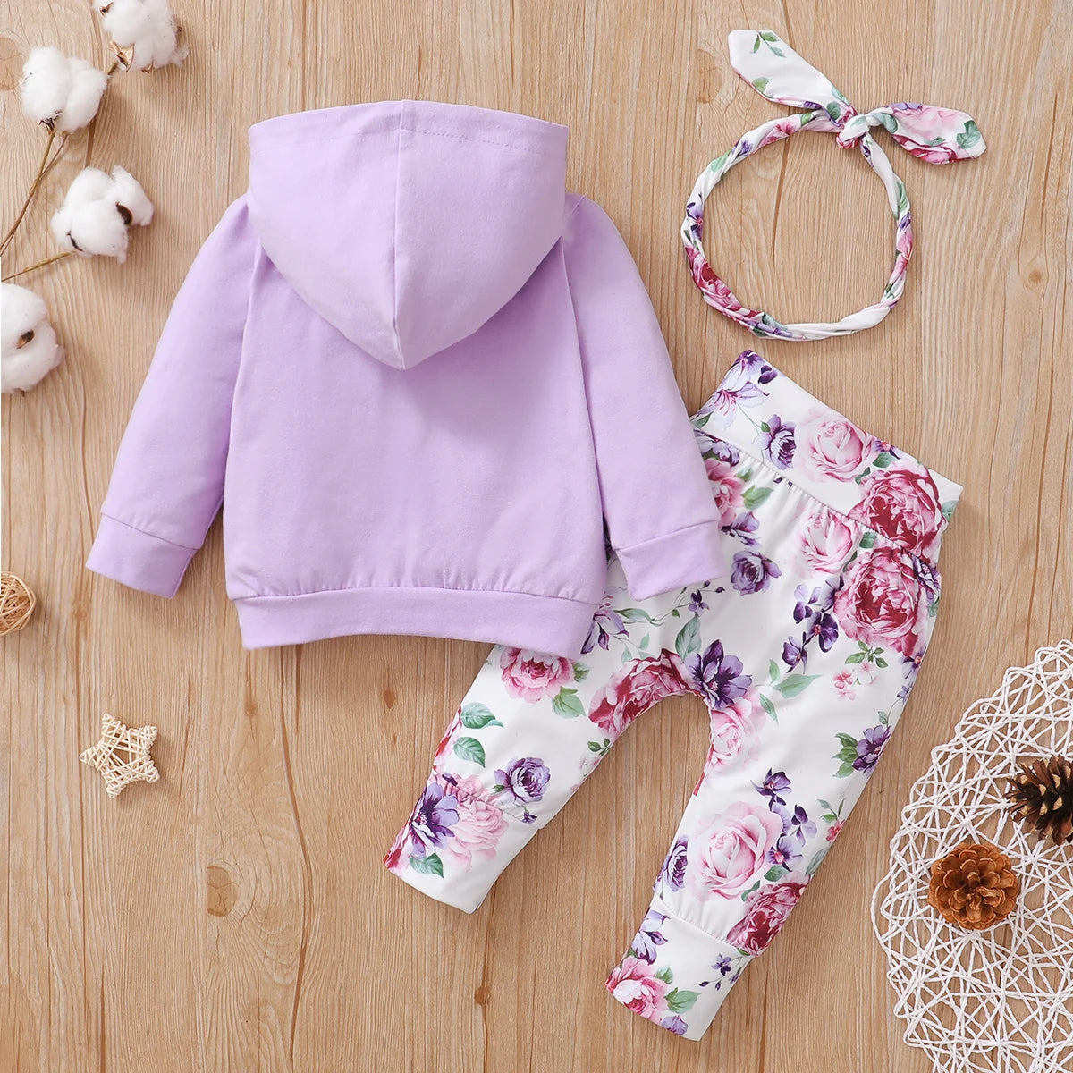 3 Piece Floral Hoodie Floral Pants and Headband For 0-18 Months