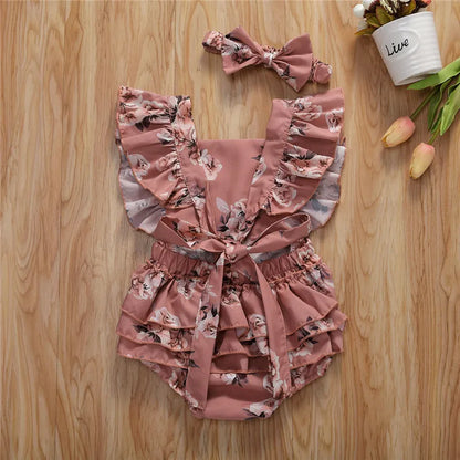 Flower Print Romper & Headband For 6-24 Months