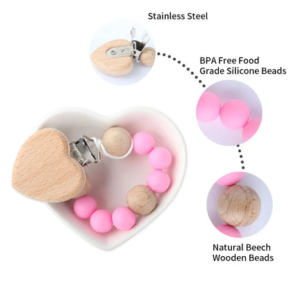 Silicone Wooden Teething Beads Pacifier Holder Chain