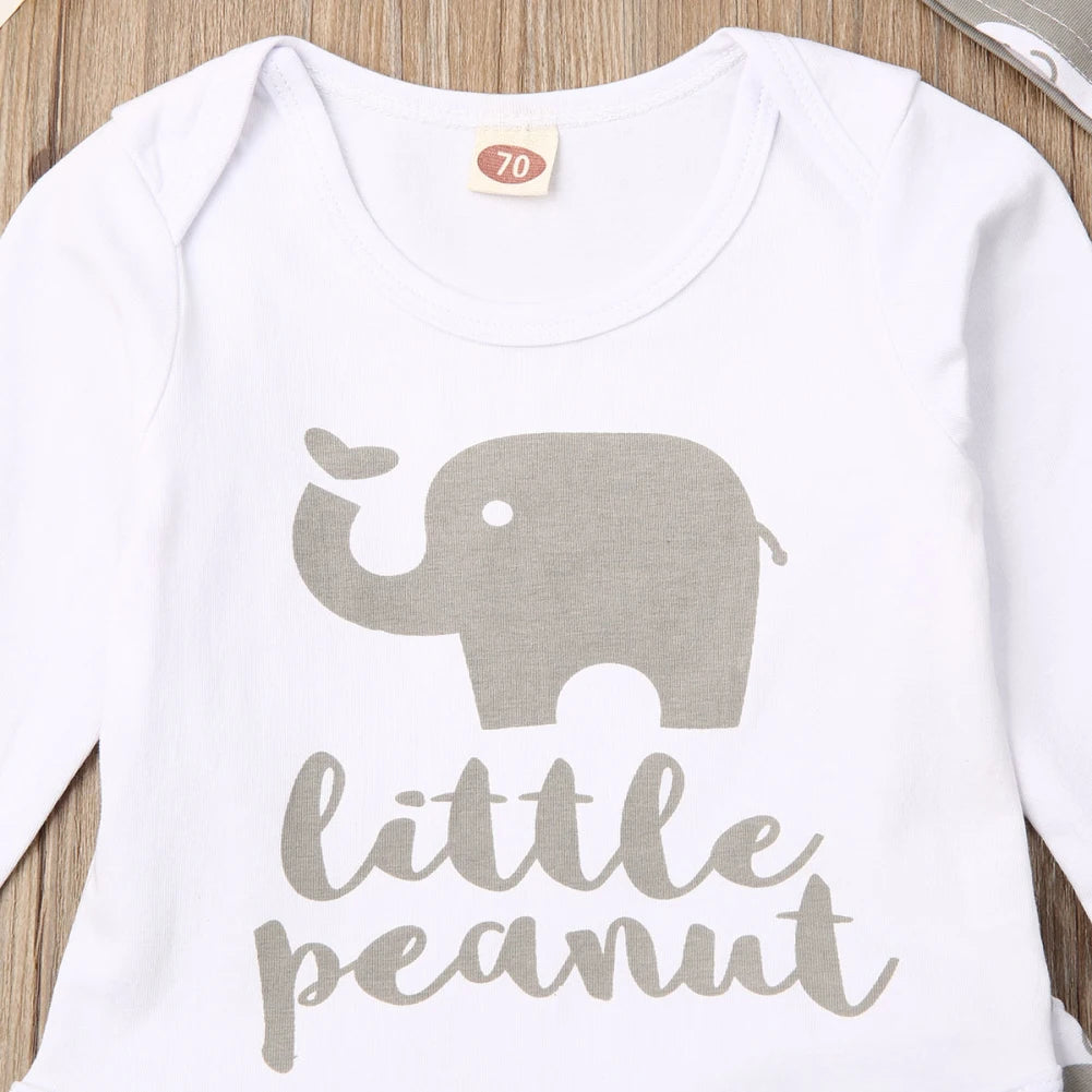 Long Sleeve Print Romper Elephant Pants  And Hat Outfit 3-18 Months