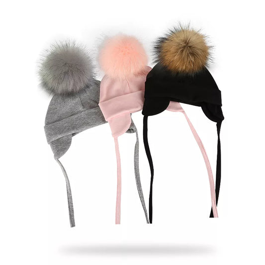 Winter Faux Fur Pompom Cotton Earmuffs Caps For Newborn and Toddler