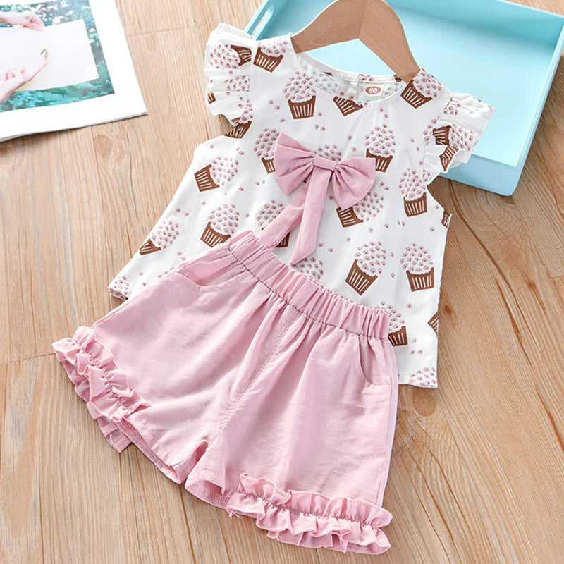 Sleeveless Ice Cream Print Bow Top Shirt And Shorts Set for 2-6 years