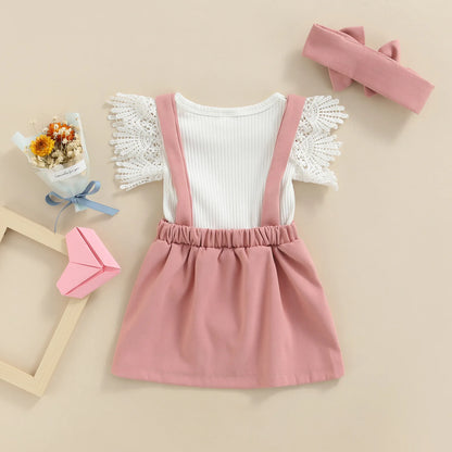 Lace Knitted Bodysuit Suspender Dress Skirt and Headband Set For 0-18 Months