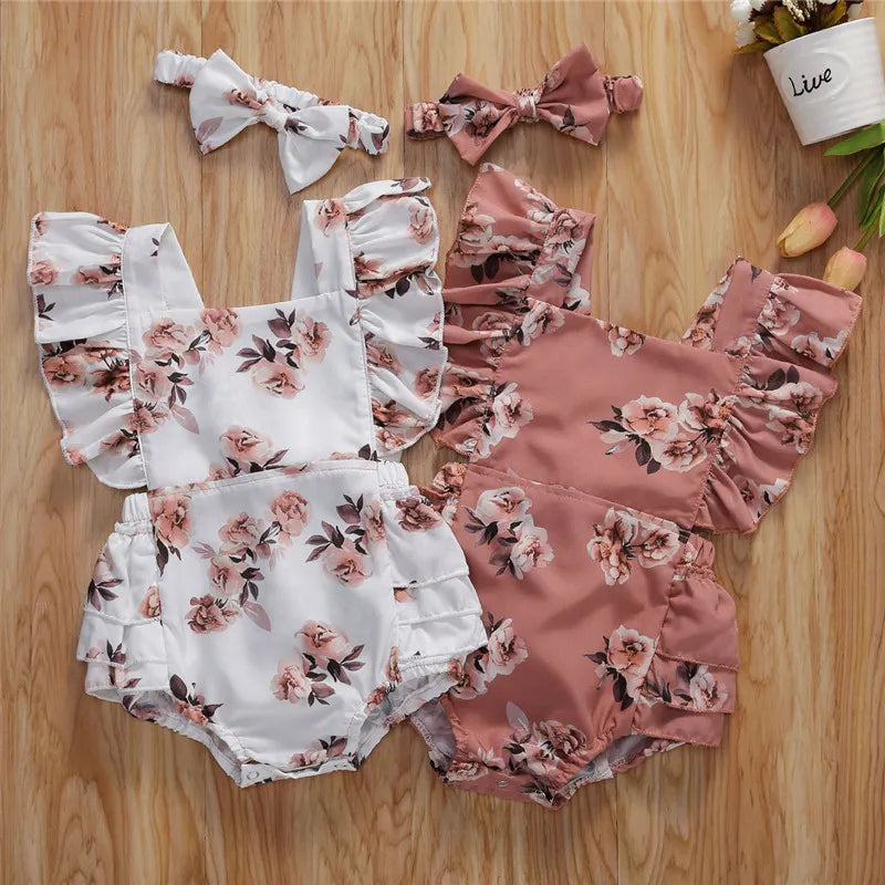 Flower Print Romper & Headband For 6-24 Months