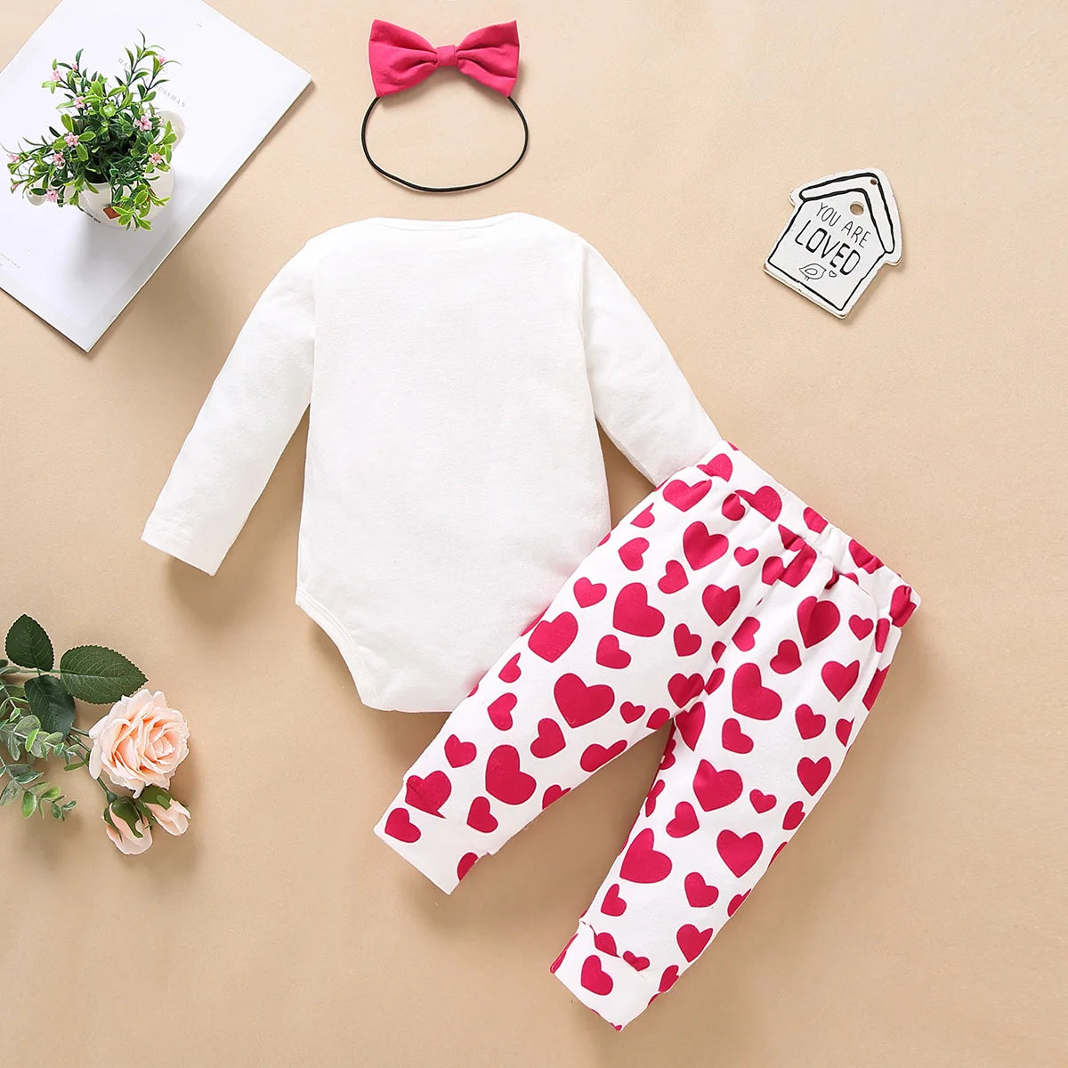 Long Sleeve Elephant Heart Print Romper And Pants Outfit For 3-18 Months