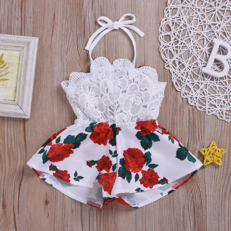 Sleeveless Lace Flower Print Romper 6M-3T