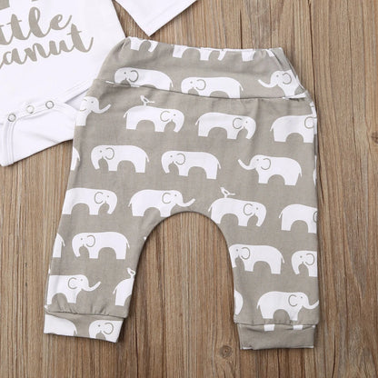 Long Sleeve Print Romper Elephant Pants  And Hat Outfit 3-18 Months