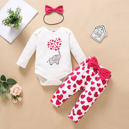 Long Sleeve Elephant Heart Print Romper And Pants Outfit For 3-18 Months