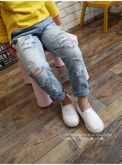 Fashion Solid Color Girl Ripped Jeans