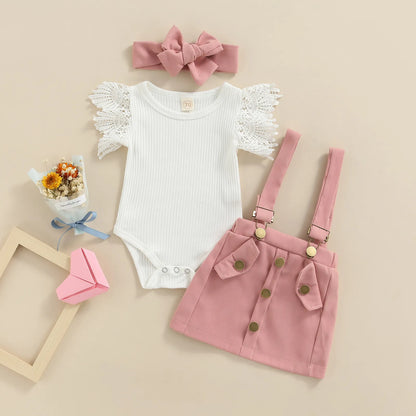 Lace Knitted Bodysuit Suspender Dress Skirt and Headband Set For 0-18 Months