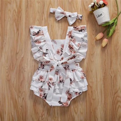 Flower Print Romper & Headband For 6-24 Months