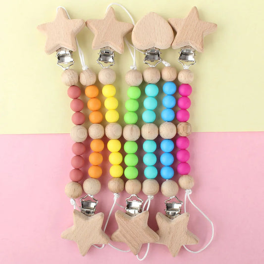 Silicone Wooden Teething Beads Pacifier Holder Chain