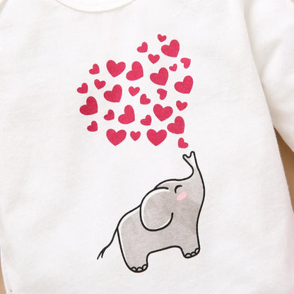 Long Sleeve Elephant Heart Print Romper And Pants Outfit For 3-18 Months