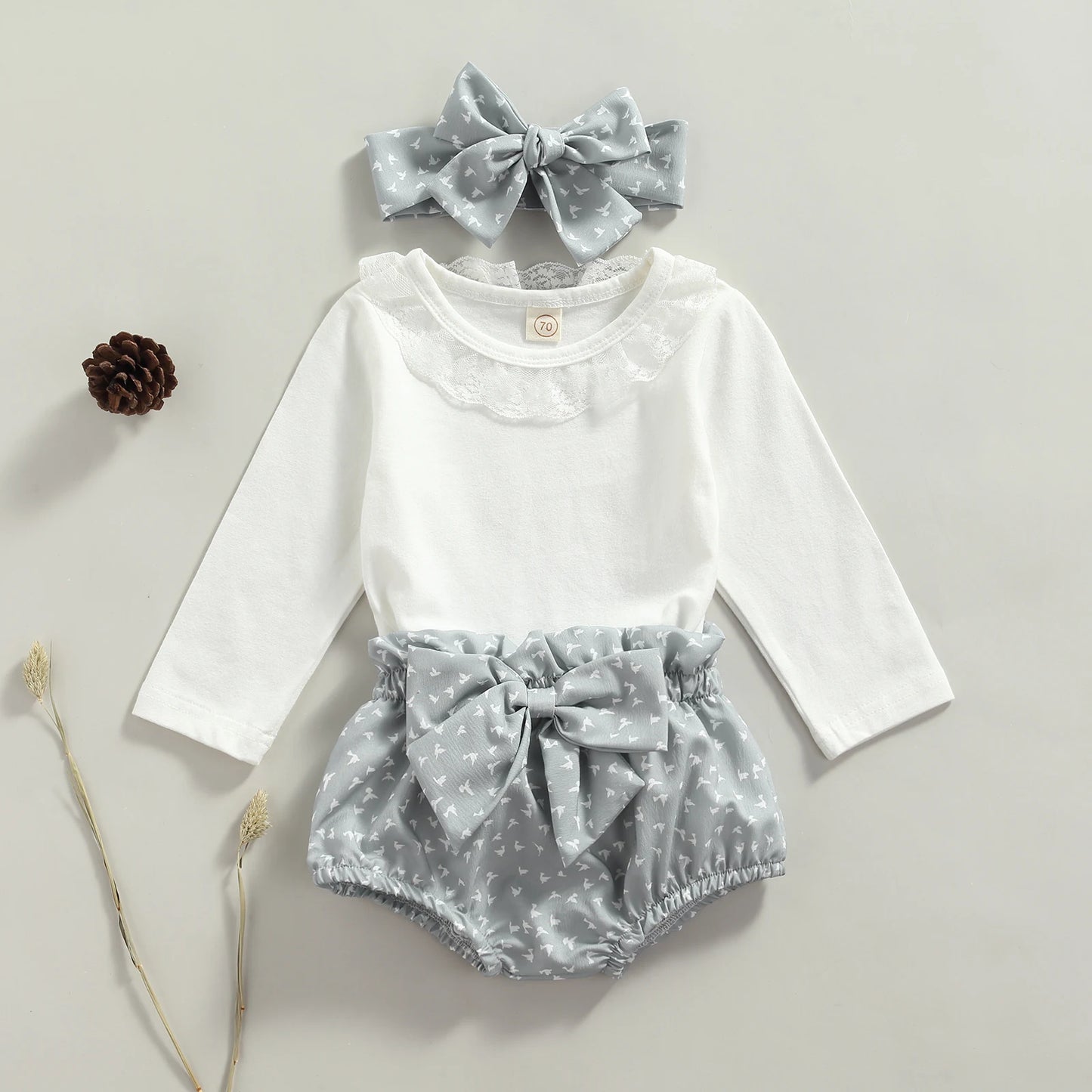 Long Sleeve Set Lace Romper Bow Bloomer Shorts and Headband For 0-18 Months