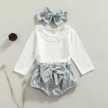 Long Sleeve Set Lace Romper Bow Bloomer Shorts and Headband For 0-18 Months