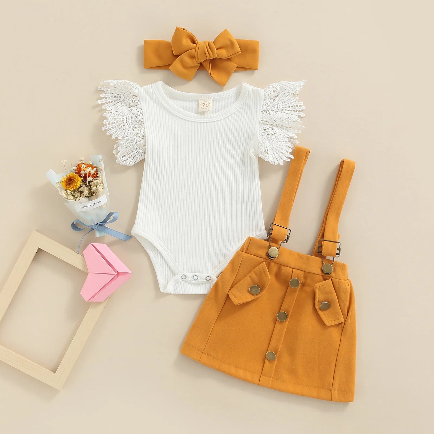 Lace Knitted Bodysuit Suspender Dress Skirt and Headband Set For 0-18 Months