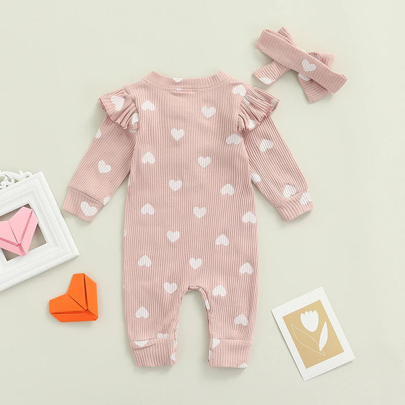 Sweet Heart Print Long Sleeve Crew Neck Romper With Bow For 3-18 Months