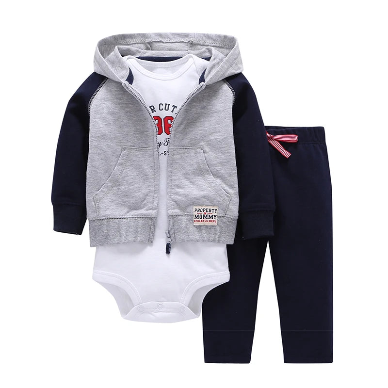 Boys 3 Pcs Cotton Jacket Rompers And Pants Set