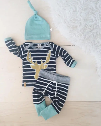 3 Piece Long Sleeve Deer Top Striped Long Pants And Hat Set For 0-18 Months