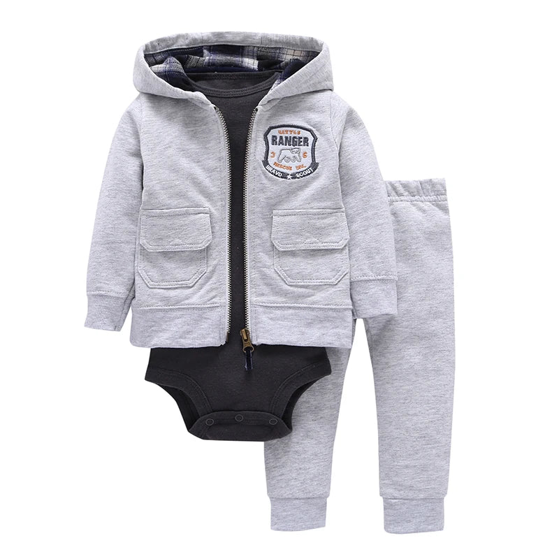 Boys 3 Pcs Cotton Jacket Rompers And Pants Set