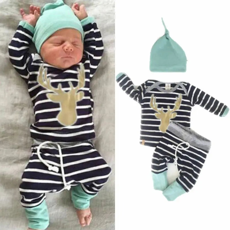 3 Piece Long Sleeve Deer Top Striped Long Pants And Hat Set For 0-18 Months