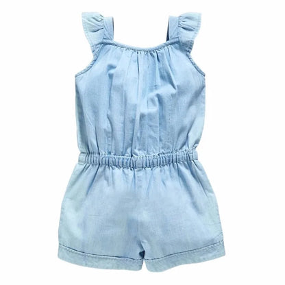 Girls Cotton Washed Denim Sleeveless Bow Jumpsuit Size S-XXL