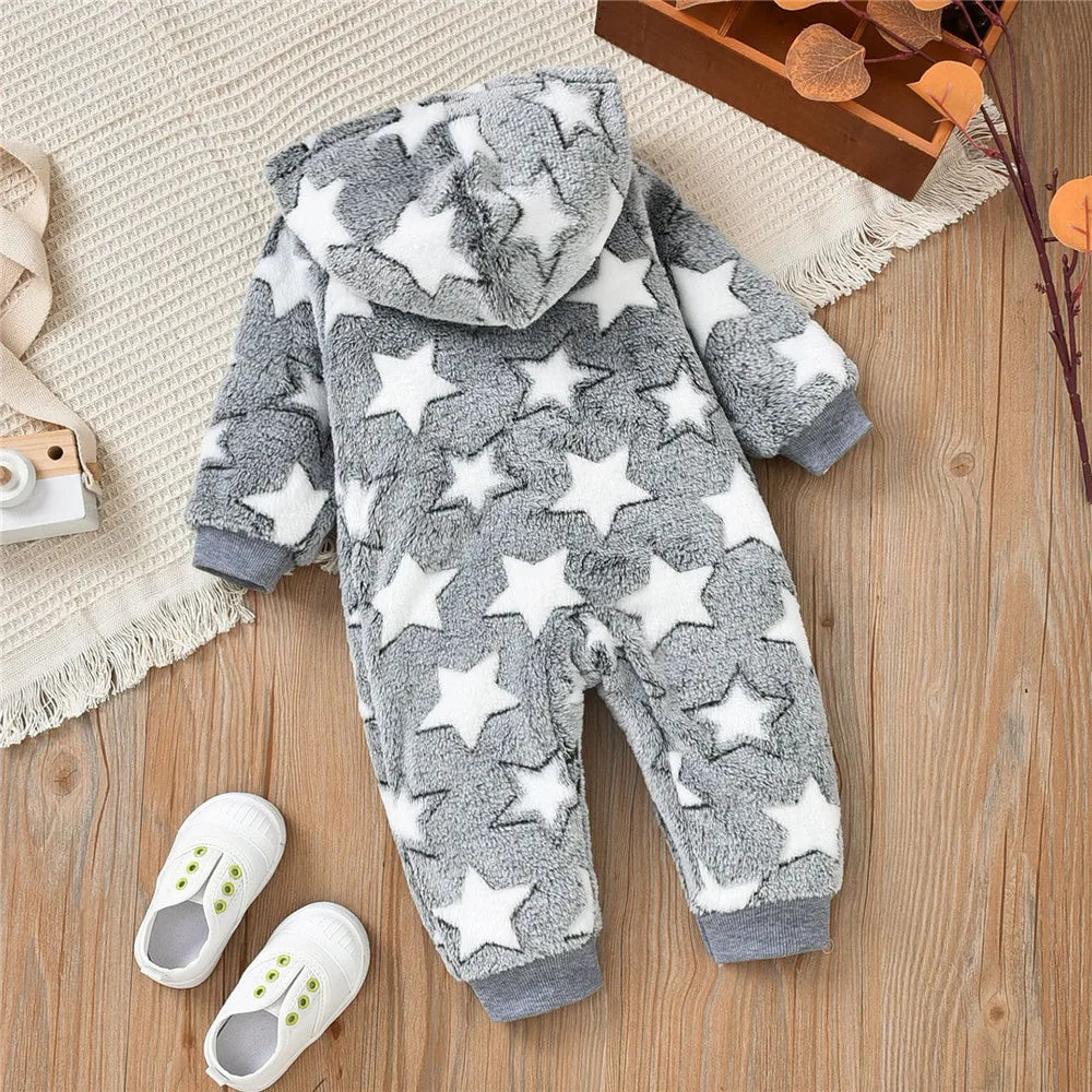 Fleece Star Pattern Zipper Hooded Romper for 0-18 Months