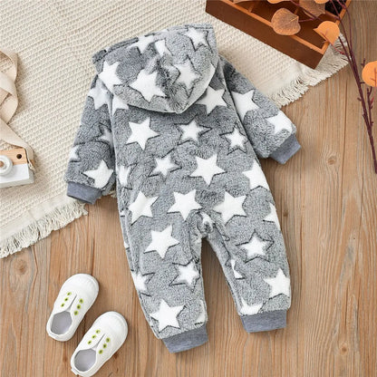 Fleece Star Pattern Zipper Hooded Romper for 0-18 Months