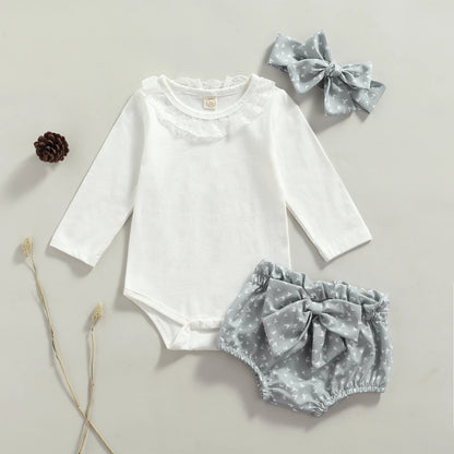 Long Sleeve Set Lace Romper Bow Bloomer Shorts and Headband For 0-18 Months