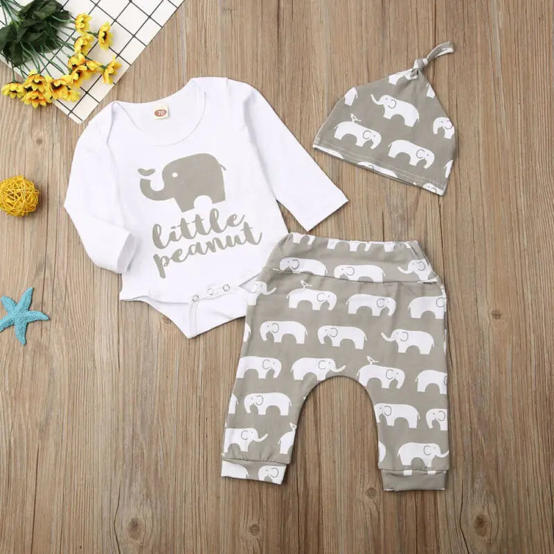 Long Sleeve Print Romper Elephant Pants  And Hat Outfit 3-18 Months