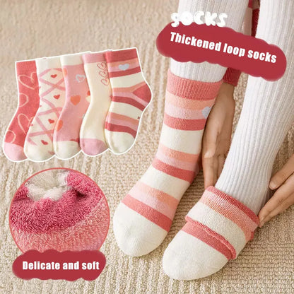 5 Pairs Cute Striped Plush Heart Socks For 1-8 Years