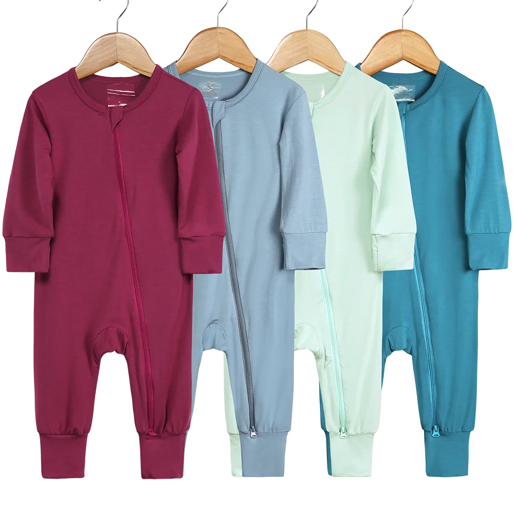 Long Sleeve Solid Color Bamboo Fiber Romper Pajamas For 0-24 Months