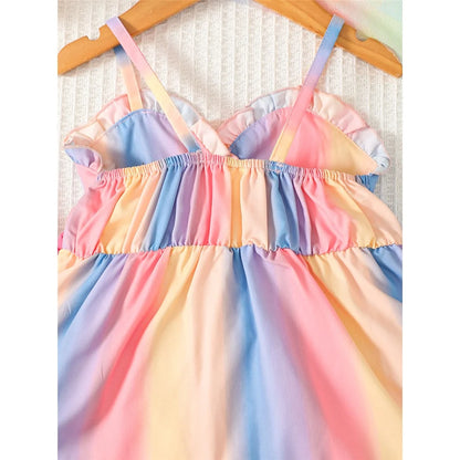 Suspender Rainbow Color Bow Dress For 6-36 Months