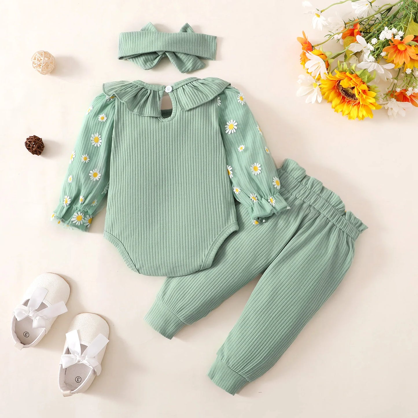 3 Pcs Print Long Sleeve Romper Belted Pants And Headband  Size 0-18 Months