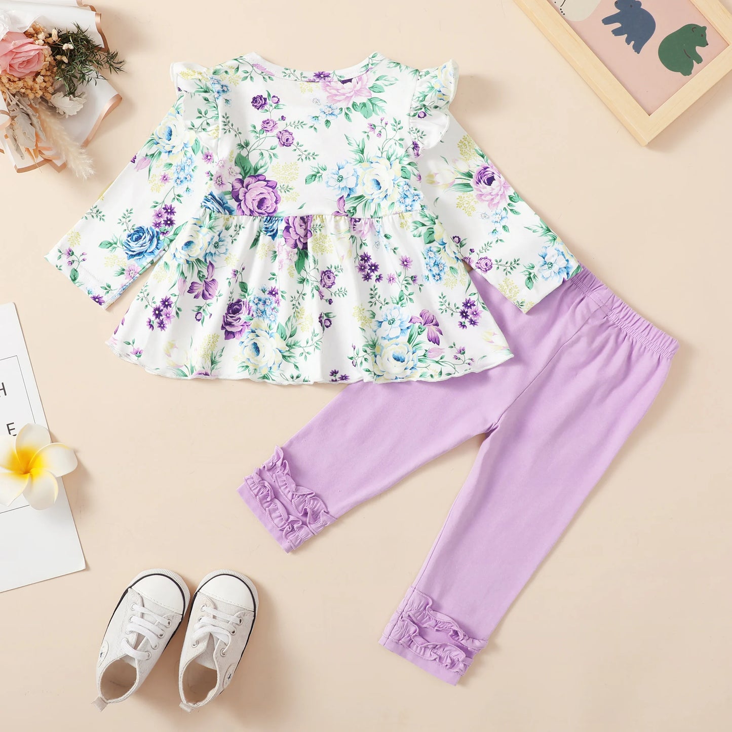 Cute Flower Print Long Sleeve Dress Top and Elastic Waist Ruffled Hem Pant Set For 6-36 Months