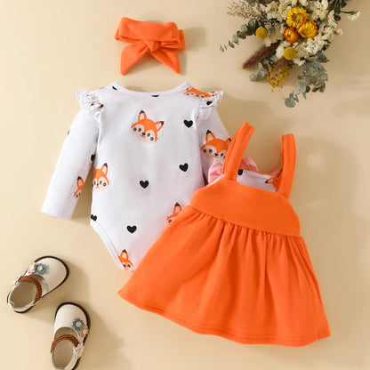 Cute Fox Print Long Sleeves Romper Suspender Skirt and Headband Outfits For 0-18 Months