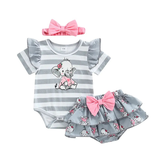 Striped Elephant Print Short Sleeve Romper Ruffle Shorts And Bow Headband For 0-18 Months