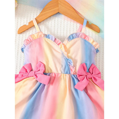 Suspender Rainbow Color Bow Dress For 6-36 Months