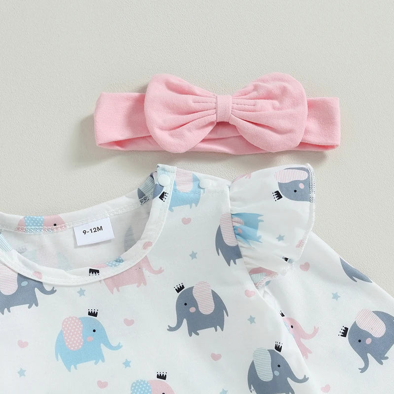 Long Sleeves Top and Elephant Print Suspender Pants Headband Outfit