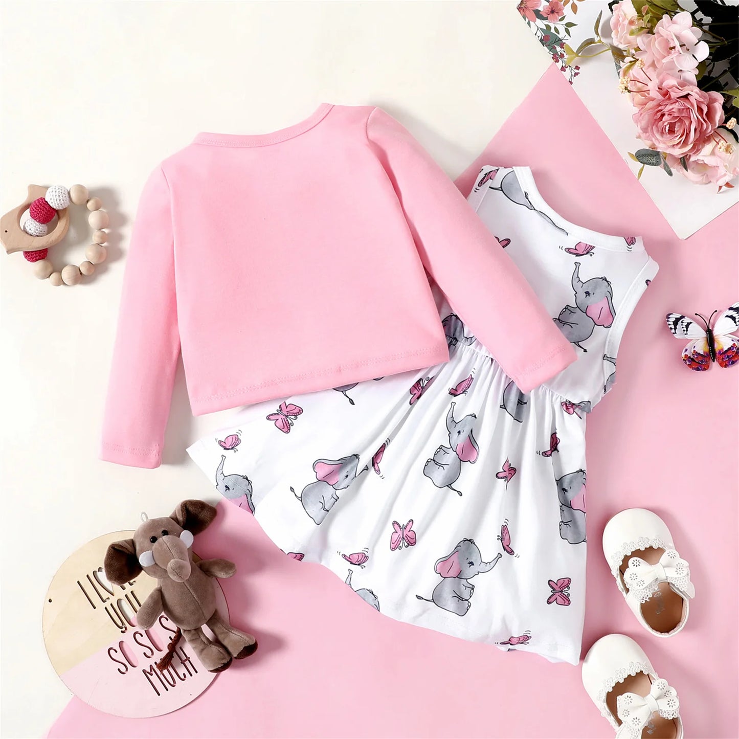 Pink Long-sleeve Cardigan with Cartoon Elephant and Butterfly Print Sleeveless Dress Set For 3-24 Months