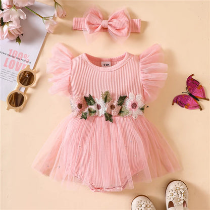 Flower Embroidery Rib Knit Tulle Skirt Romper Dress & Headband For 3-18 Months