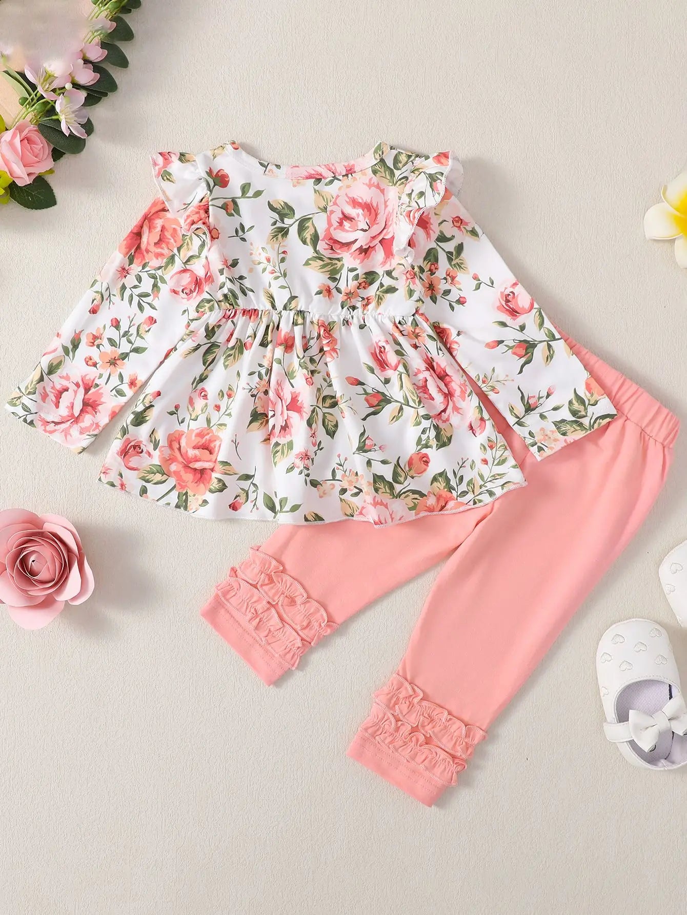 Cute Flower Print Long Sleeve Dress Top and Elastic Waist Ruffled Hem Pant Set For 6-36 Months