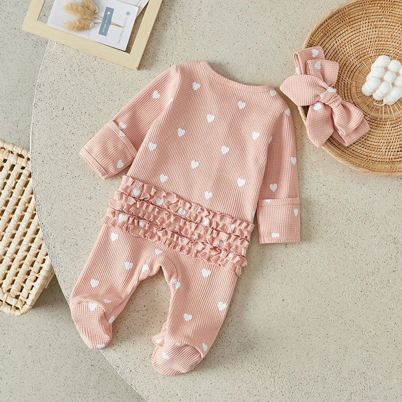 Heart Print Ruffle Zipper Romper with Headband 0-6 Months