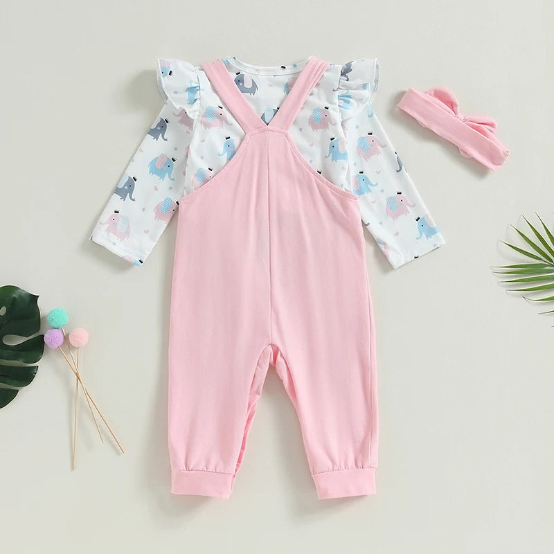 Long Sleeves Top and Elephant Print Suspender Pants Headband Outfit