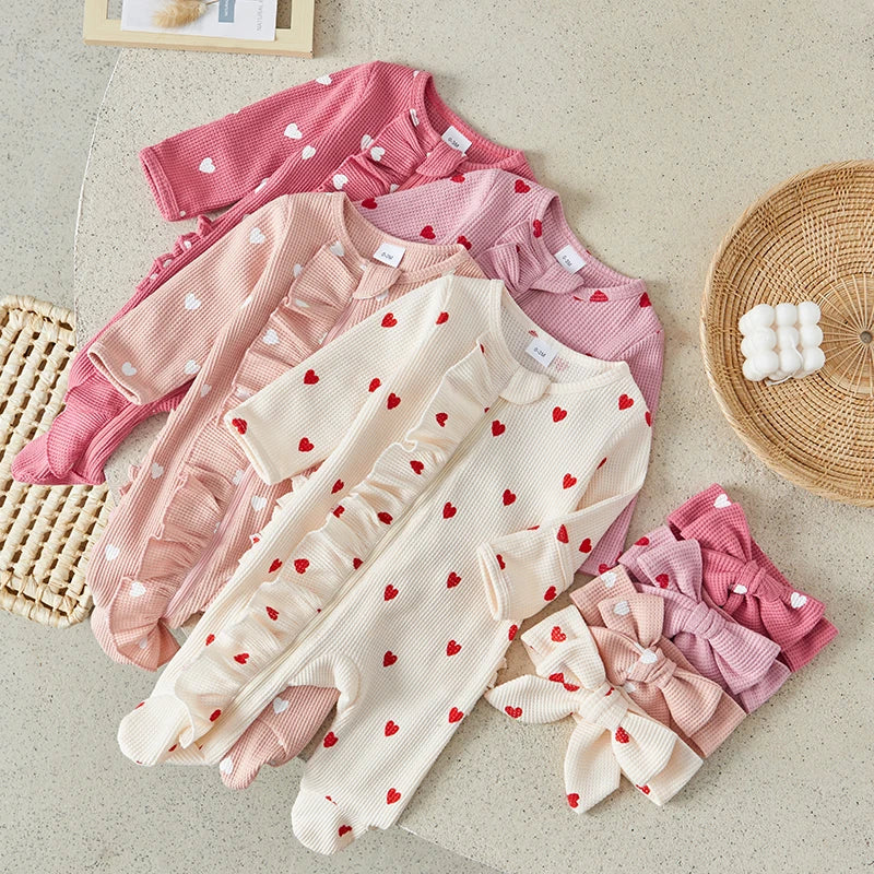 Heart Print Ruffle Zipper Romper with Headband 0-6 Months